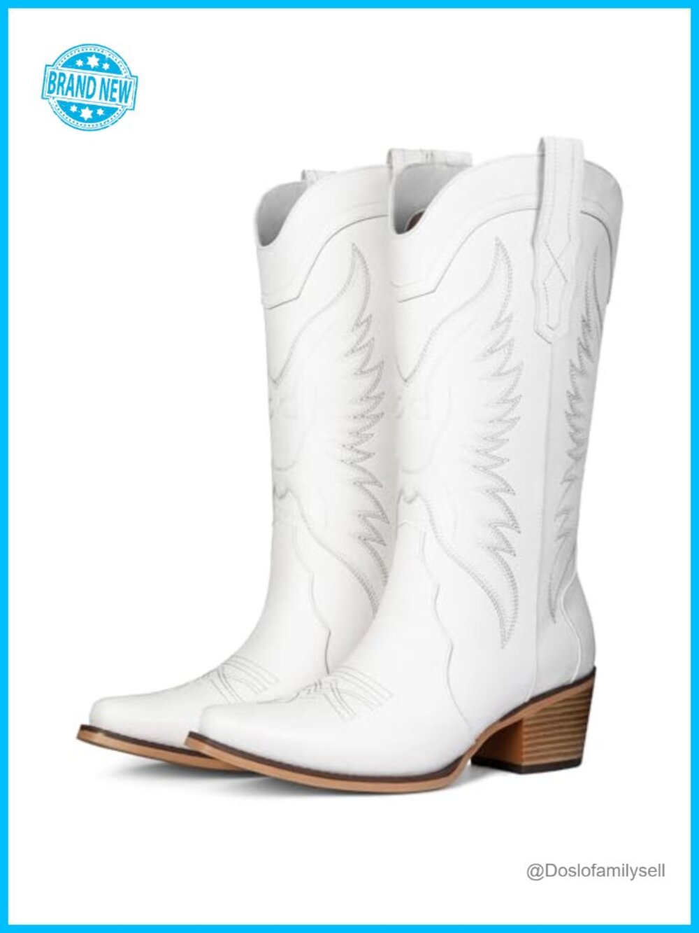 Western Cowboy Boots Faux Leather Snip Toe Chunky Heel Mid Calf Country